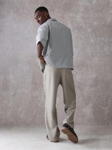 SUMWON Boxy Fit Resort Stripe Button-Up Shirt Short Sleeve Casual Summer Beach Vacation Button Down Revere Collar Weekend Loungewear - Grey - View 5