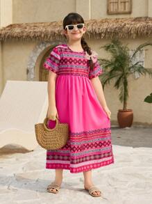 Vestido casual con estampado floral amarillo para niñas preadolescentes