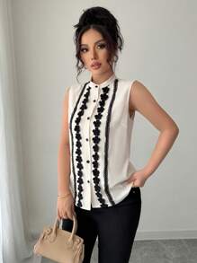 Elenzga 无袖黑色蕾丝边修身纯色女式衬衫