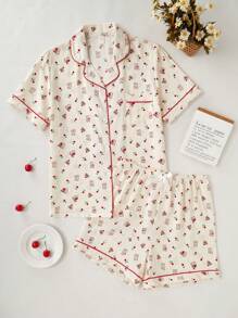 2 Pieces Cherry Print Cute & Sweet Relaxed Outfit Set For Teens, Short Sleeve Top And Shorts, Spring/Summer Homewear - Apricot - View 3