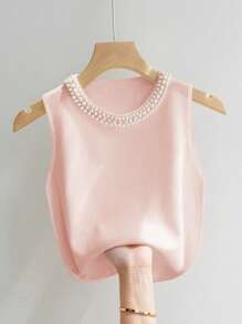 SHEIN Camiseta de mujer elegante con cuello redondo y tachuelas de perlas falsas, para verano