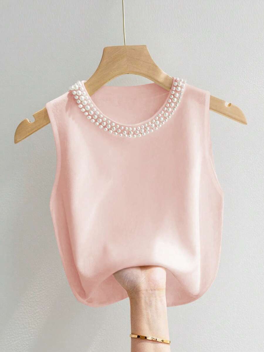 SHEIN Camiseta de mujer elegante con cuello redondo y tachuelas de perlas falsas, para verano