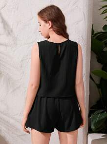 SHEIN Conjunto informal de 2 piezas para adolescente, de tela tejida de textura sólida sin mangas, para primavera/verano