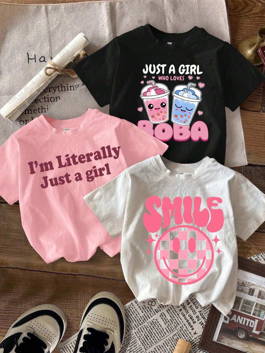 SHEIN Leap Crew 3件套少女休闲复古美式格子笑脸、卡通饮料、字母“SMILE”印花短袖宽松圆领T恤,白色、黑色、粉色可选,夏季上衣,女童图案T恤,少女服装,返校季,可爱T恤,复古T恤,粉色上衣,女童衬衫,学院风衬衫 - 彩色 - 查看 1