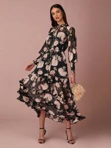 Enchnt 女士花卉印花系带领优雅长袖连衣裙