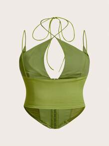 SHEIN ICON Hook And Eye Mesh Insert Crop Cami Black Corset Top - Green - View 2