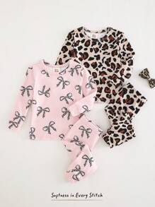 Cozy Pixies Baby Girl 4pcs Snug Fit Pajama Set: Soft Knit Leopard Print Bow Top, Elastic Waist Jogger Pants, Long Sleeve Pullover Sweatshirt - Multicolor - View 1
