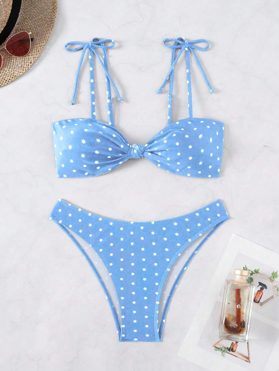 Swim Basics Set de 2 bucăți pentru femei, cu imprimeu cu buline alb-negru, cu bandă în față, în stil casual de vacanță