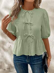 SHEIN Clasi Women's Summer Puff Sleeve Ruffle Hem Cute Peter Pan Collar Tie Front Blouse