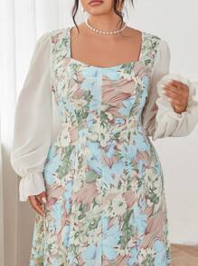Modelyn Plus Size Woven Floral Print Long Sleeve A-Line Waisted Dress - Multicolor - View 6