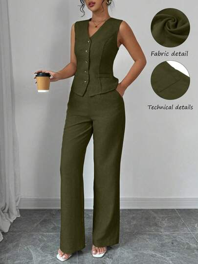 Elenzga Women Elegant Chic Commuter Casual Sleeveless V-Neck Gathered Waist Back Tie Vest & Straight Leg Pants Suit Set