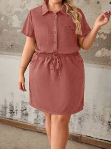 Breezaya Áo sơ mi xanh quân đội cỡ lớn cho nữ xuân/hè, váy ngắn chữ A cạp chun, váy ngắn tay hở cổ nửa thường ngày/công sở - Bụi hồng - Xem 3