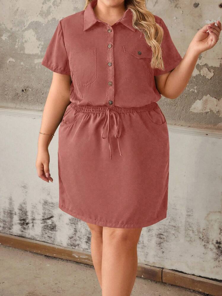 Breezaya Plus Size Women's Spring/Summer Military Green Cargo Shirt, Elastic Waist A-Line Short Dress, Casual/Work Half-Open Collared Short Sleeve Mini Dress - Dusty Pink - View 3