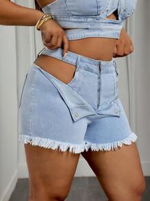 SHEIN SXY Plus Size Summer Sexy Hollow Out Tassel Hem Denim Shorts - Blue - View 4