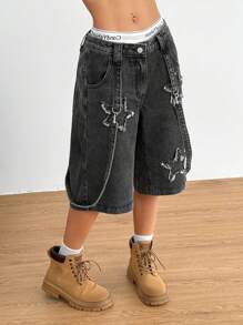 SHEIN EZwear 女式休闲水洗牛仔星星贴布短裤 - 黑色 - 查看 2