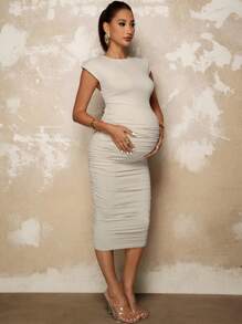 MaterniChic Maternity Elegant Solid Color Ruched Fitted Dress Summer Outfits Elegant Maternity Baby Shower Dress - Apricot - View 3