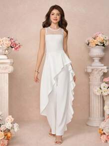 SHEIN Pitira Teen Girl White Solid Color Stitching Lace Backless See-Through Elegant Sweet Ruffle Jumpsuit, Elegant Luster, Suitable For Summer, Parties, Birthday Parties, Career Parties And Bridesmaid Parties