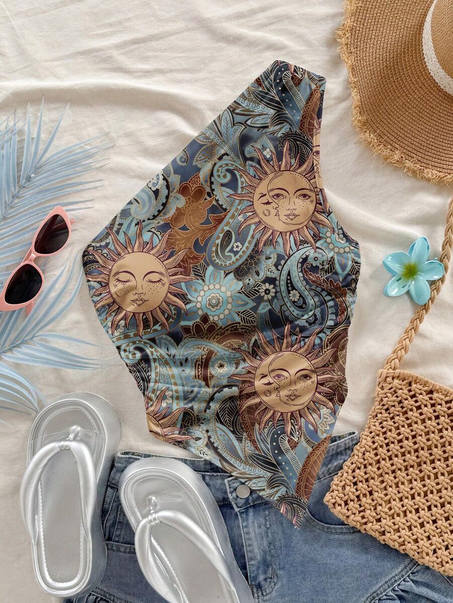 Soleia Women's Ruched Sleeveless Printed Sun Face Pattern Fashion Tank Top Suitable For Going Out - Blue - View 1