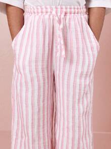 SUMWON 轻盈夏季亚麻质感阔腿裤沙滩度假休闲套穿长裤条纹宽松舒适裤