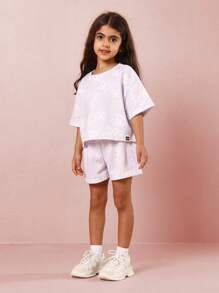SUMWON Butterfly Print Summer Two Piece Set Girls Lounge Wear Wide Athletic T-Shirt Short Set Casual Cozy Spring Holiday Sports Wear