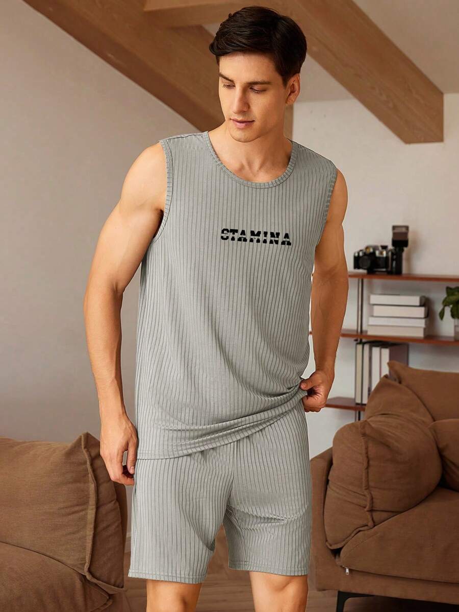 男士圆领无袖宽松罗纹针织家居服套装，夏季