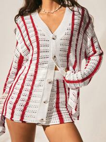 Easelle Bộ 2 món áo len cardigan sọc đỏ trắng khoét rỗng dành cho kỳ nghỉ dành cho nữ và quần short - Nhiều màu - Xem 3