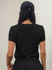 DAZY Áo thun nữ cổ tròn tay ngắn ôm vừa vặn, phong cách thời trang tối giản phù hợp cho mùa hè - màu đen - Xem 2