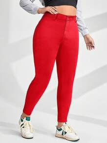 SHEIN ICON 大码纯色牛仔裤，夏季时尚 - 紅色 - 查看 3