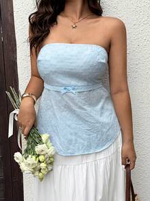 Flirla Vacation Fashionable Summer Embroidered Tube Top Backless Bow Design Sexy Blouse - Blue - View 4