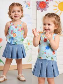SHEIN Baby Girl Y2K Blue 2025 New Denim Ruffled A-Line Mini Skirt - Light Wash - View 3