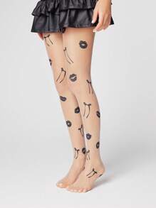 ROMWE Kawaii 1 Pc Creative Bow Lip Print Pantyhose Tights - Apricot - View 3
