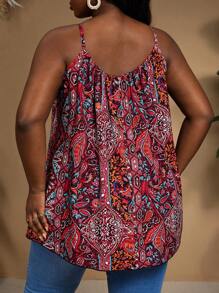 SHEIN CURVE+ Plus Size Large Women's All Over Printed Casual Top For Summer, Independence Day,4th Of July / USA / 4th Of July / 4th Of July / 4th Of July Women,Fourth Of July - Burgundy - View 2
