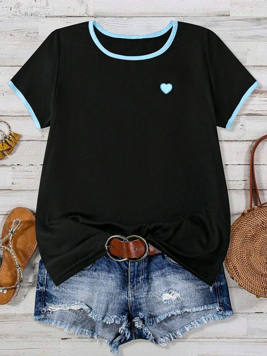 EMERY ROSE Plus Size Women Casual Heart Embroidery T-Shirt Tops - Multicolor - View 1