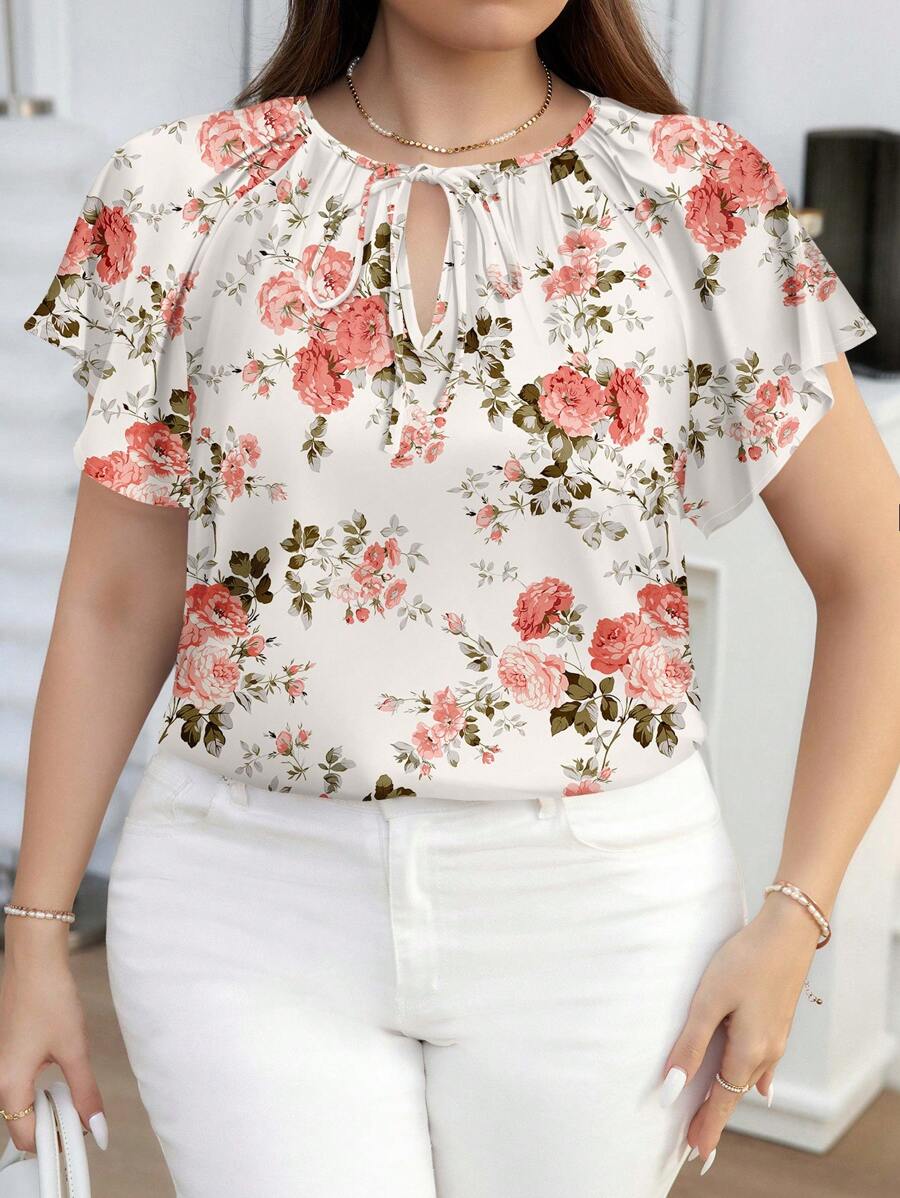 SHEIN Clasi Blusa holgada de manga corta con cuello redondo y estampado de rosas, adecuada para la playa o vacaciones en primavera/verano, tallas grandes para mujeres - Multicolor - Ver 1