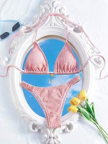 Swim Mod Conjunto de bikini de unicolor con escote de atar sexy para mujer, perfecto para vacaciones - Rosa - Ver 1