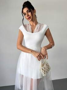 Firerie Women's Elegant Lace Patchwork High Waist Tulle Midi Dress, Romantic & Sweet For Wedding Guest, Party, Banquet, Summer, Apricot Color - Apricot - View 6