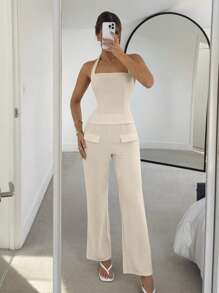 SHEIN Essnce Bộ 2 món áo yếm hở lưng màu trơn thanh lịch dành cho nữ và quần dài, mùa hè - Màu be - Xem 3