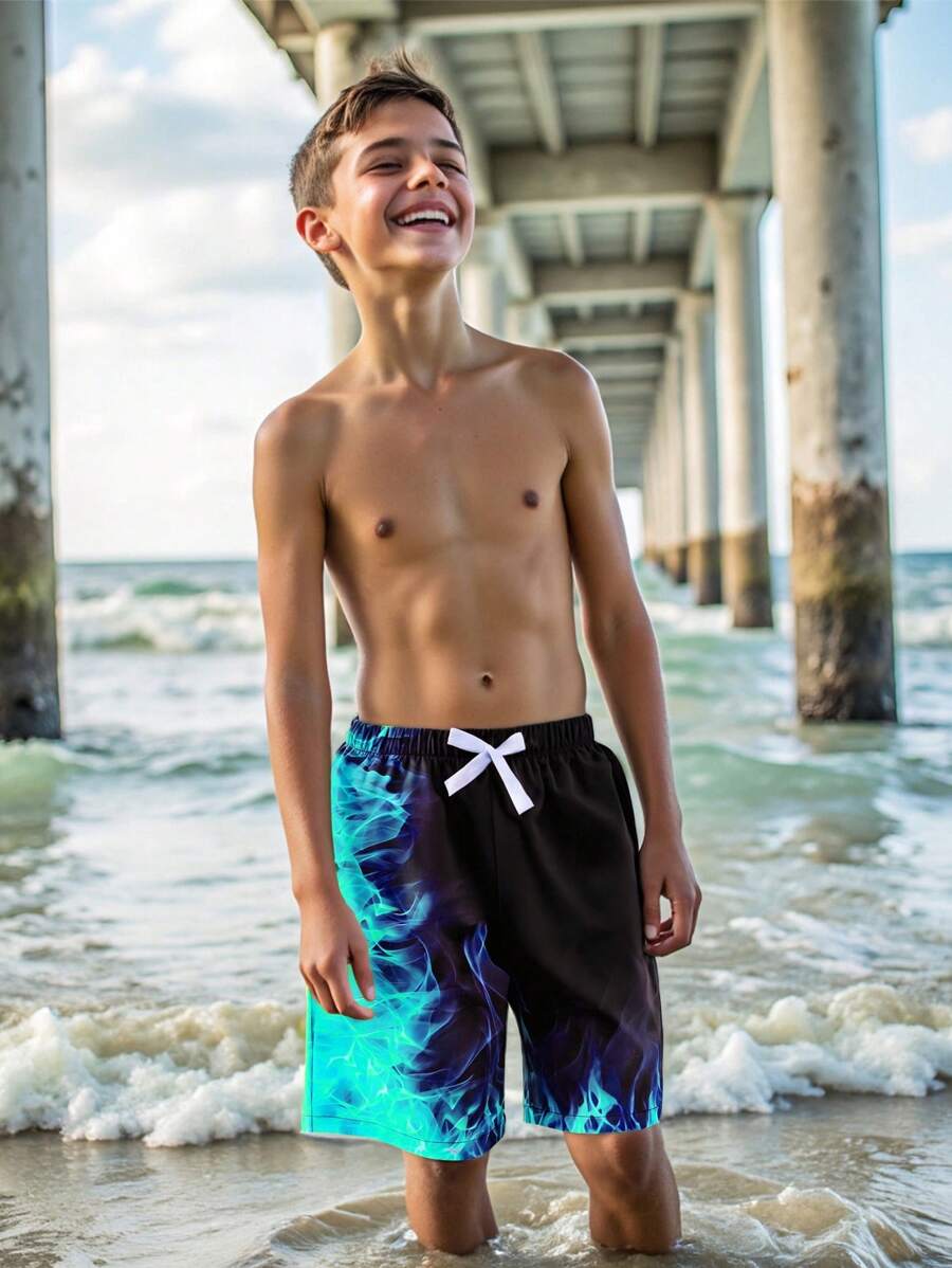 SHEIN 青少年男童休闲霓虹夜光效果泳裤，适合海滩、游泳、冲浪等运动 - 藍色 - 查看 1