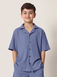 SUMWON Summer Textured Boys Two-Piece Shirt Set With Button-Down Top And Matching Shorts Resort Beach Party Vacation Wear - Dusty Blue - View 3