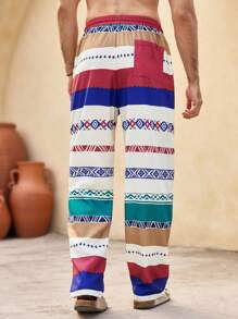 Manfinity VCAY Men's Casual Woven Striped Mid-Waist Drawstring Straight Leg Pants