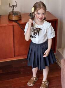 DAZY 2 Stück Mädchen Lässig Set mit Kragenshirt mit Schleifen-Dekor und plissiertem Rock, Mädchen Sommer Outfits