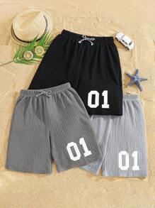 3pcs Kids Tween Boy Casual Versatile And Comfortable Letter Print Pattern Loose Knit Loose Clean Color Shorts Multi Piece Set, 3 Styles Each, 1 Three Pieces Set Suitable For Commuting To School, Daily Leisure Vacation Travel, Suitable For Sports, Suitable For Spring And Summer Seasons