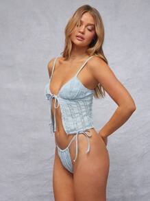 WESTFADE Spring Ruffle Low Rise Cute Adjustable Bow Tie Sides High Cut Leg Cheeky Bikini Bottoms Summer Beach Vacation - Dusty Blue - View 3