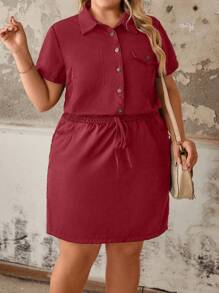 SHEIN LUNE Plus Size Women's Army Green Cargo Shirt Dress, Elastic Waist, Half-Opening Front, Short Sleeve, Casual Outdoor Commute Daily Work Short Dress - Burgundy - View 5