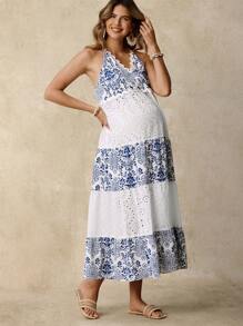 Boho Mama Maternity Floral Print Hollow Embroidery V-Neck Sleeveless Dress  Boho   Ruffle  Maternity Dress - Blue and White - View 3