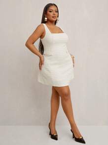 SHEIN SXY Plus Size Elegant Sexy Spring/Summer Metallic Textured Woven Fabric Square Neck + Metal Buckle Decor A-Line Sleeveless Bodycon Tank Dress, Suitable For Everyday Wear