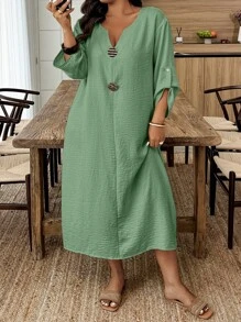 SHEIN EMERY ROSE CURVE Vestido informal de manga enrollada con cuello en pico de unicolor para tallas grandes, de verano - verde menta - Ver 5
