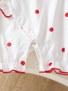 Infant & Baby Girl Ruffled Collar Strawberry Embroidery Polka Dot Bubble Sleeve Romper With Ruffle Hem, Cute & Comfortable For Home And Outdoor, Spring/Summer/Autumn