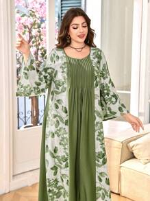 Lacomfia 大码女式休闲印花拼布纯色七分袖宽松长款阿拉伯风连衣裙，春夏 - 彩色 - 查看 6