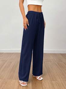 SHEIN PETITE Pantalones anchos de verano de lino con cintura alta para mujeres
